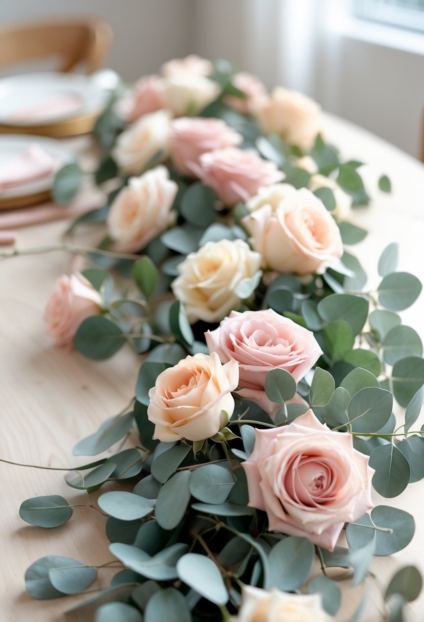 Close-up of floral garlands made of pastel roses and eucalyptus leaves arranged on a wooden surface.