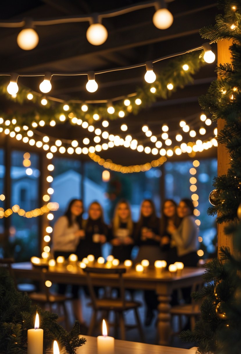Twinkling warm white string lights glowing above a cozy indoor Christmas party setting with festive decorations.