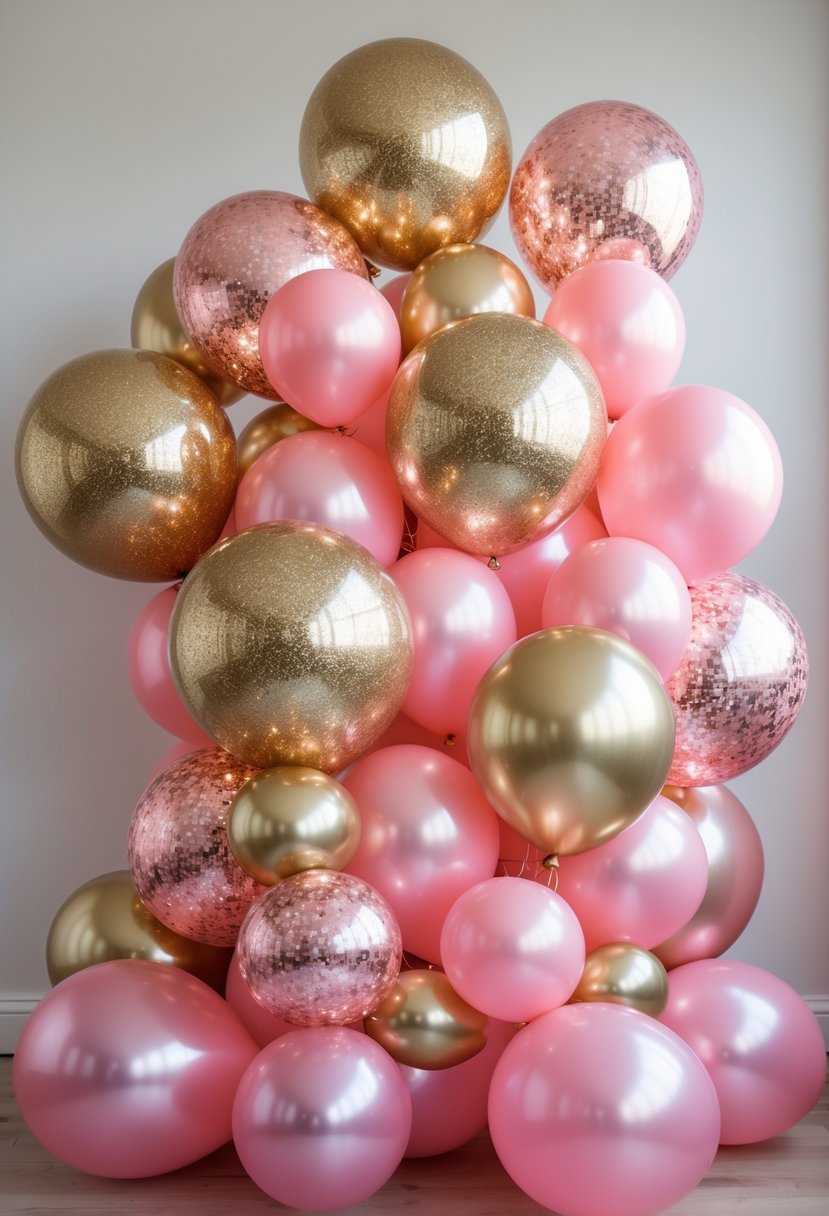 Cluster of glittery gold and pink balloons arranged for a festive celebration.