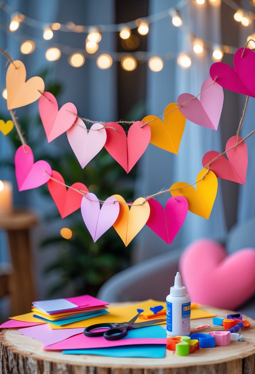 Colorful paper heart banner hanging indoors above a table with crafting supplies for a girls' night party.