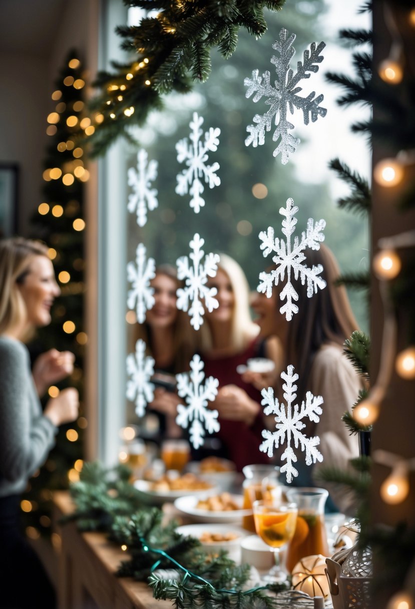Frosted window decorated with glittery snowflake clings and festive holiday decorations with women enjoying a Christmas party indoors.