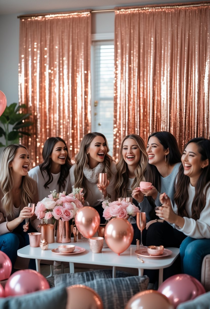 A group of young women enjoying a girls' night party with rose gold foil fringe curtains and festive decorations in the background.
