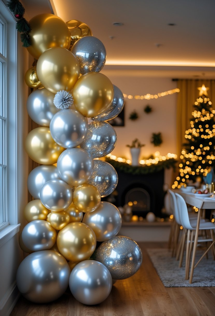 Metallic gold and silver balloon garlands decorating a cozy room prepared for a girls' Christmas party with festive holiday accents.