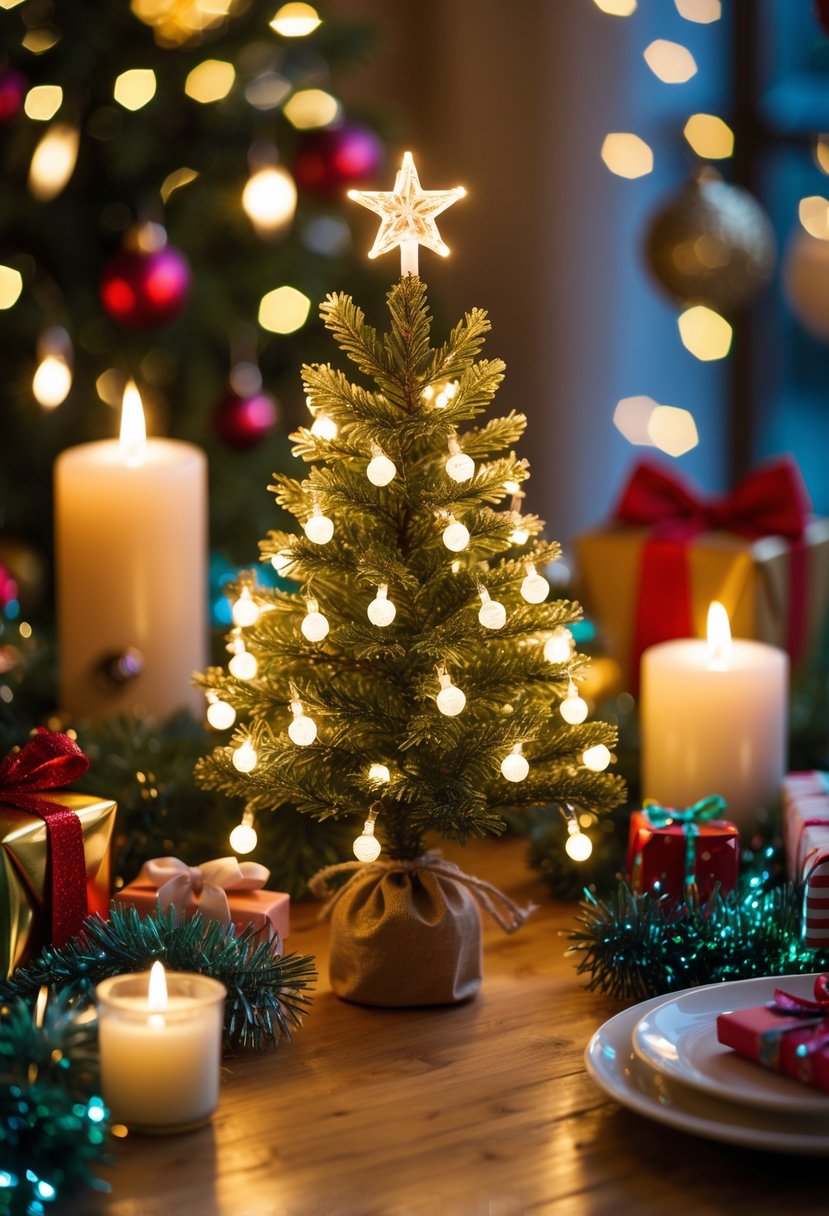 Mini Christmas tree centerpiece with LED lights surrounded by festive decorations on a wooden table.