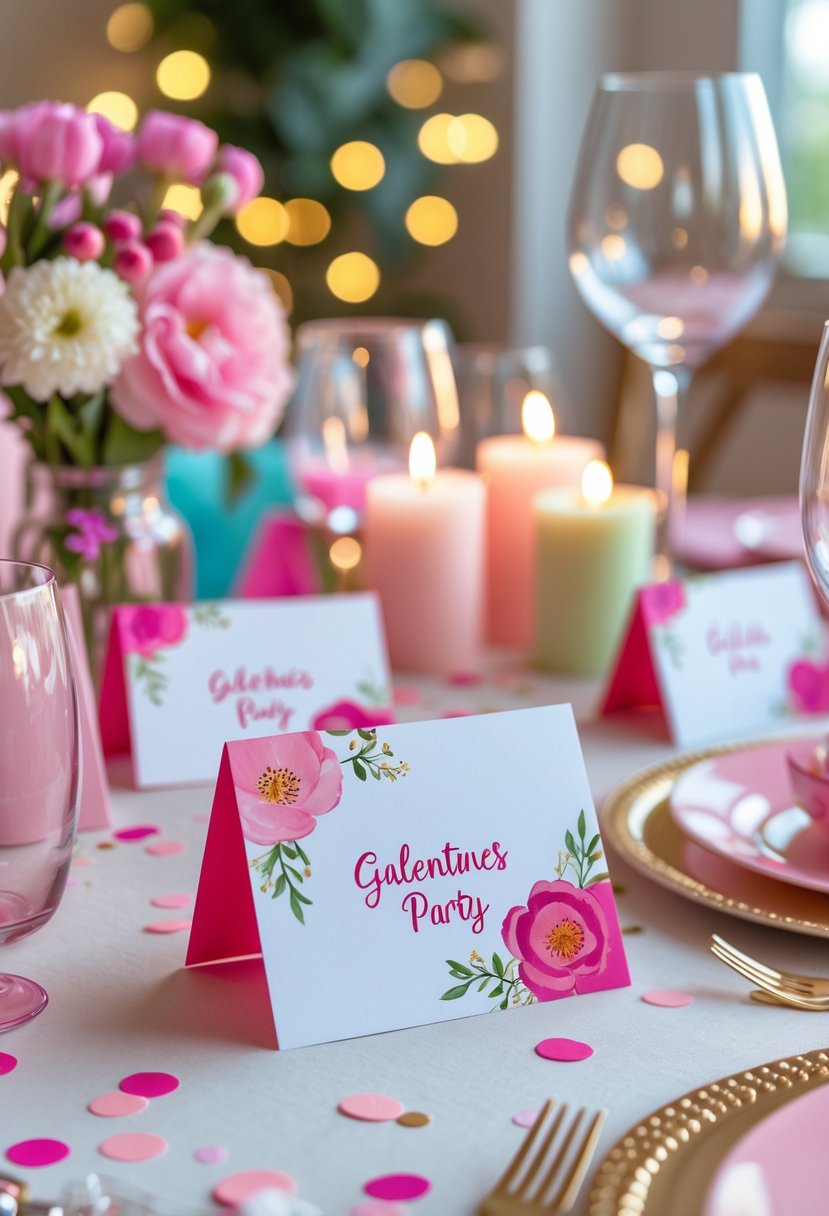 A decorated table with personalized name place cards, flowers, candles, and party decor set up for a girls' night celebration.