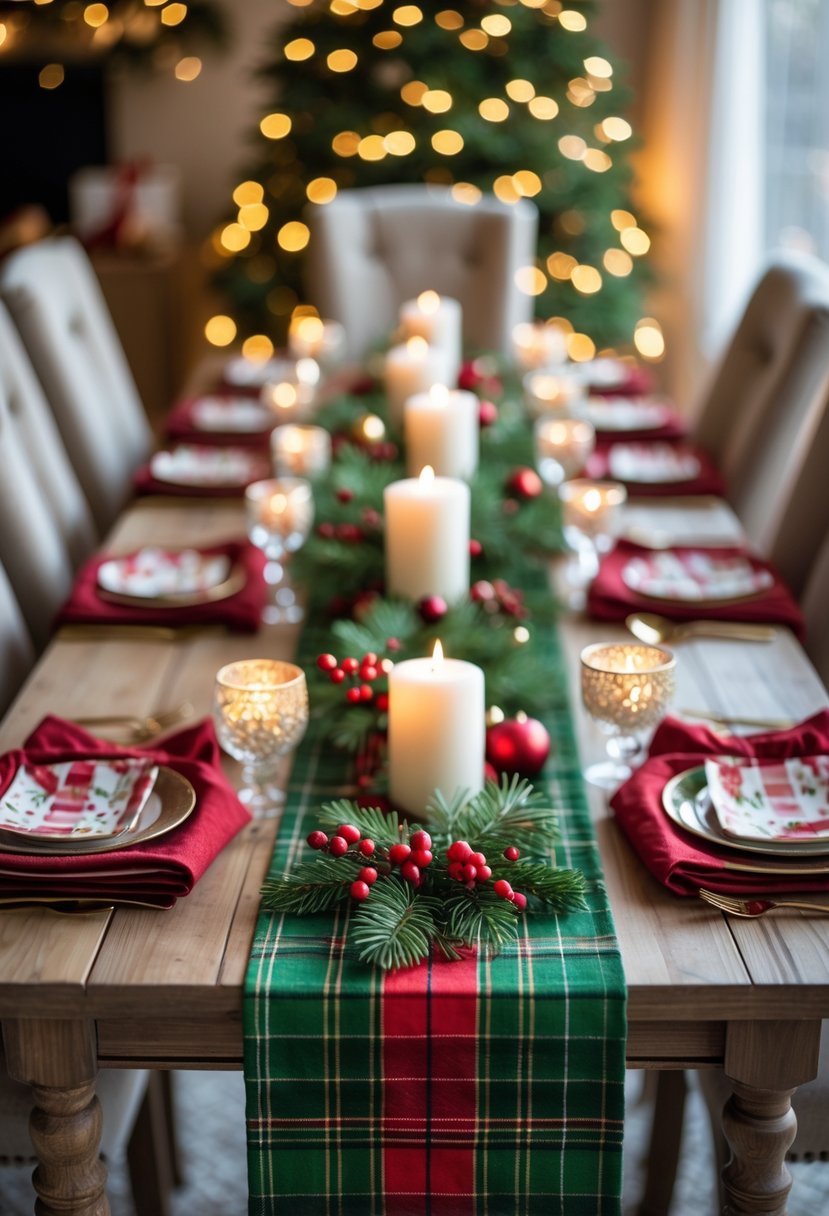 A wooden table decorated with red and green plaid table runners, candles, pine branches, and Christmas ornaments for a holiday party.