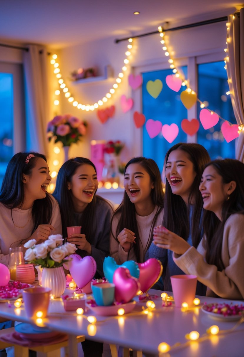 A group of young women enjoying a girls' night party with warm Mini LED string lights and festive decorations.