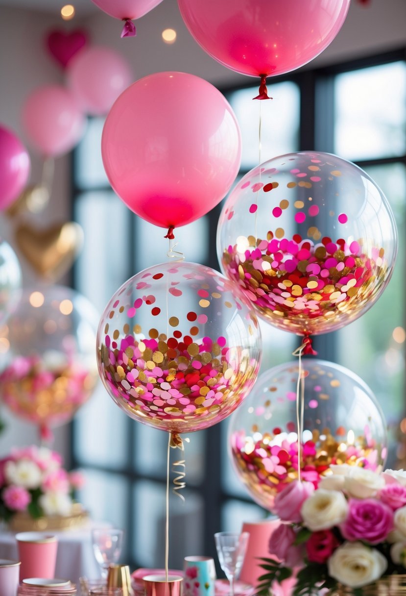 Clear balloons filled with colorful confetti floating above a decorated table for a girls' night party.