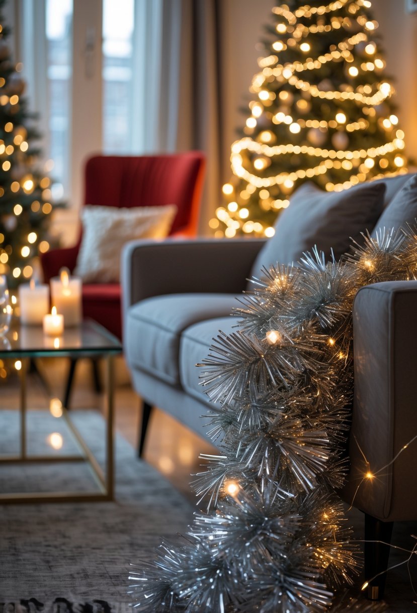 Sparkling tinsel garlands draped over furniture in a cozy room decorated for a Christmas party.