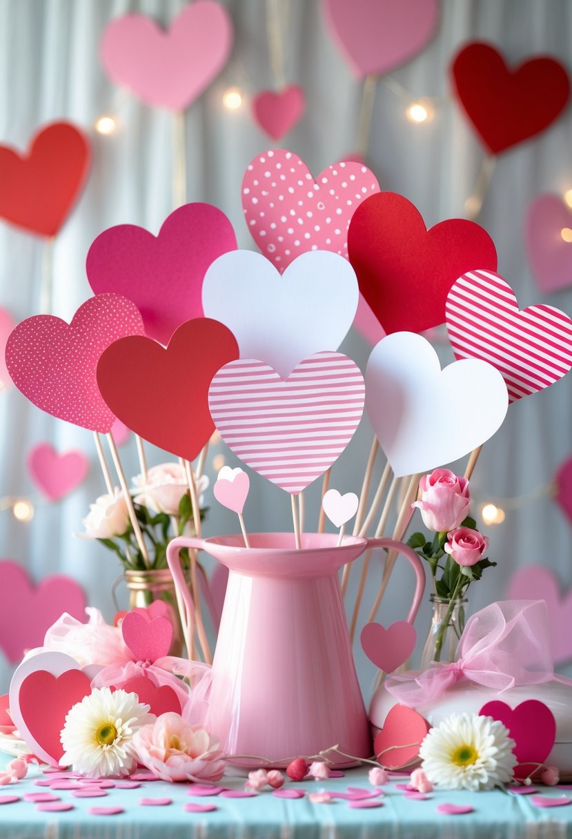 Heart-shaped photo booth props arranged on a decorated table with festive party decorations.
