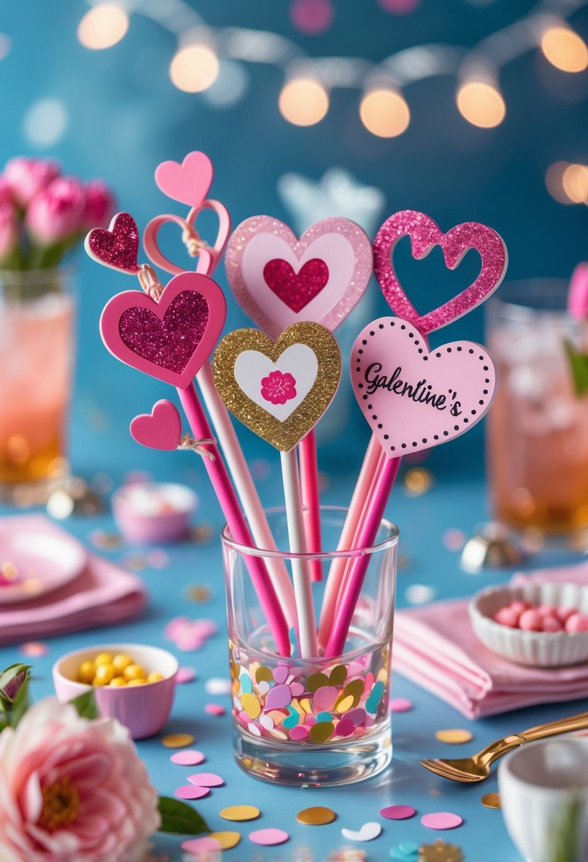 A set of colorful custom cocktail stirrers displayed on a decorated table with party decorations and blurred glasses in the background.