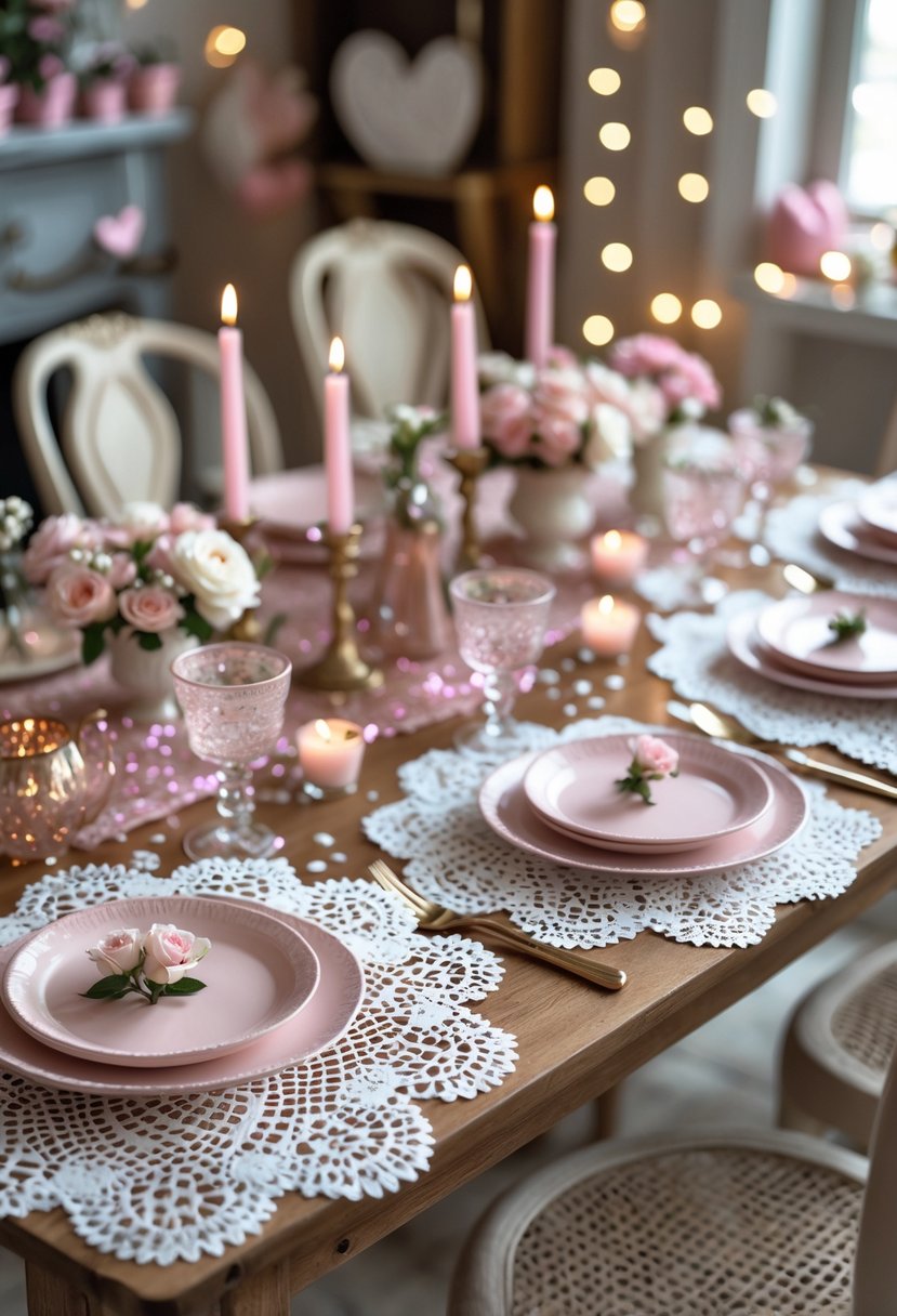 A cozy table set for a girls' night party with lace doilies, pastel plates, floral arrangements, candles, and soft lighting.