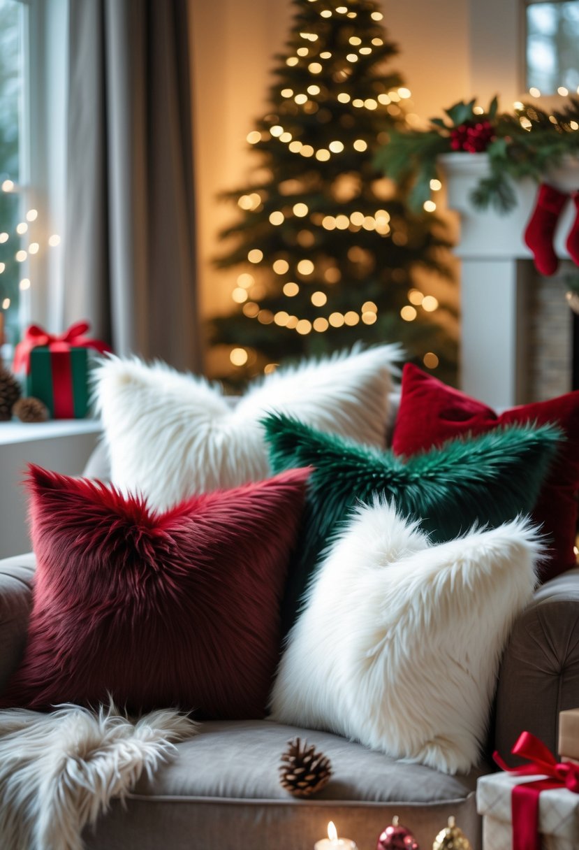 A cozy living room scene with faux fur throw pillows in red, green, and white on a sofa surrounded by holiday decorations like fairy lights, pine cones, and gift boxes.