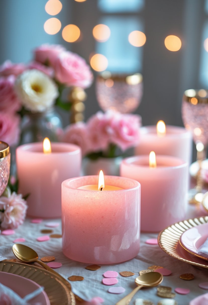 A warm and inviting girls' night setup featuring lit rose quartz candle holders surrounded by floral decorations and party tableware.