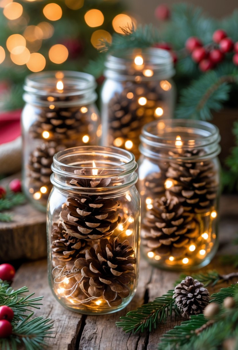 Mason jars filled with pinecones and glowing fairy lights arranged on a wooden table with Christmas decorations.