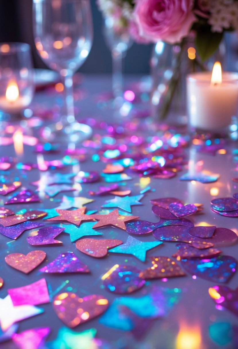 Close-up of a table covered with colorful holographic confetti in heart and star shapes, with blurred party decorations in the background.