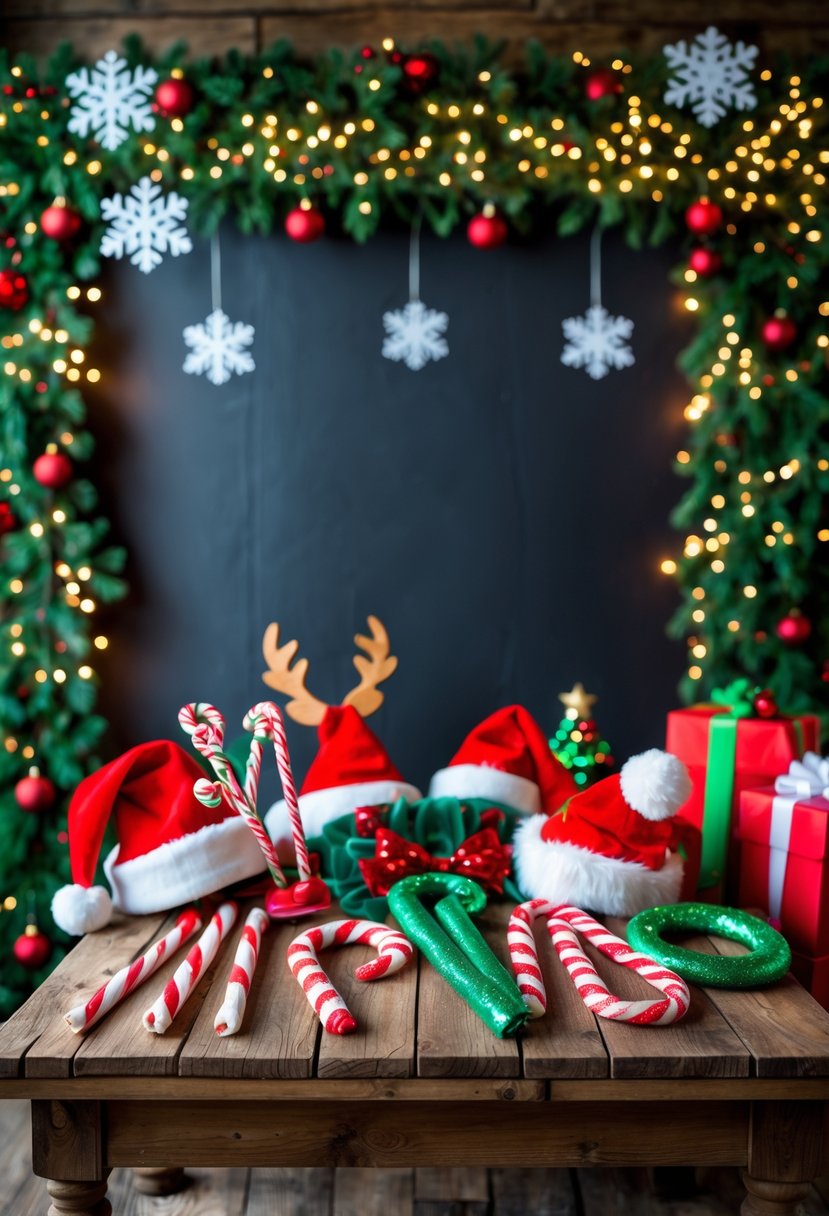A holiday-themed photo booth setup with Christmas decorations and festive props arranged for a girls' night party.