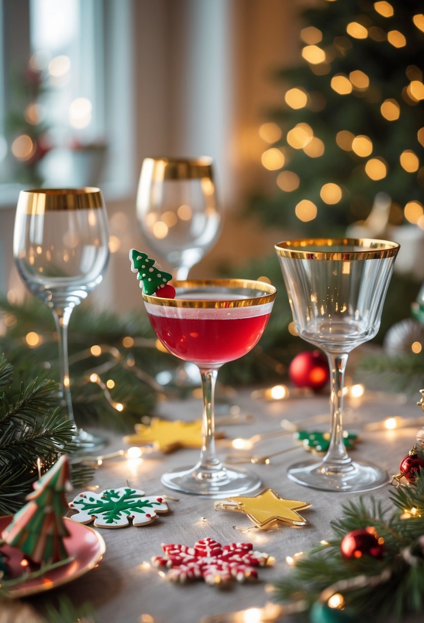 A table set with gold-rimmed glasses and colorful festive drink stirrers surrounded by holiday decorations.