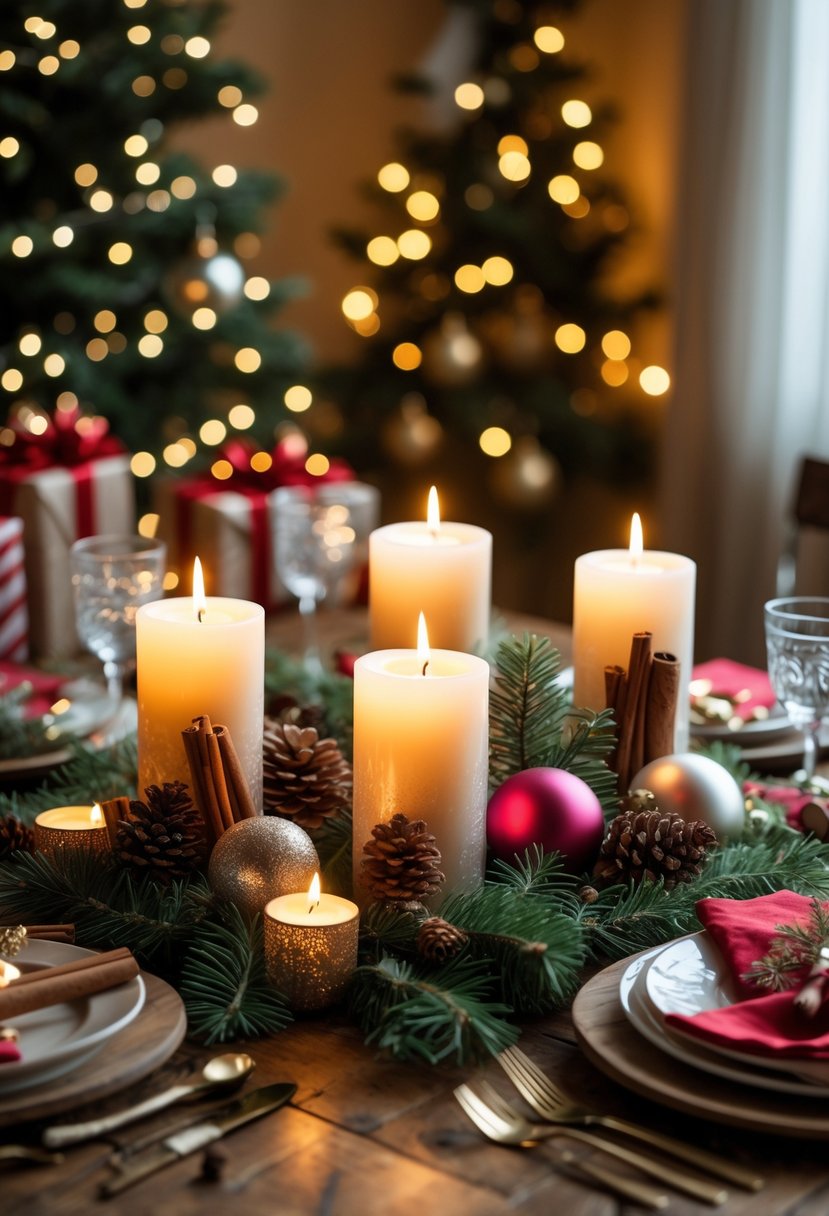 A cozy Christmas party scene with scented candles surrounded by pine branches, cinnamon sticks, and festive decorations on a wooden table.