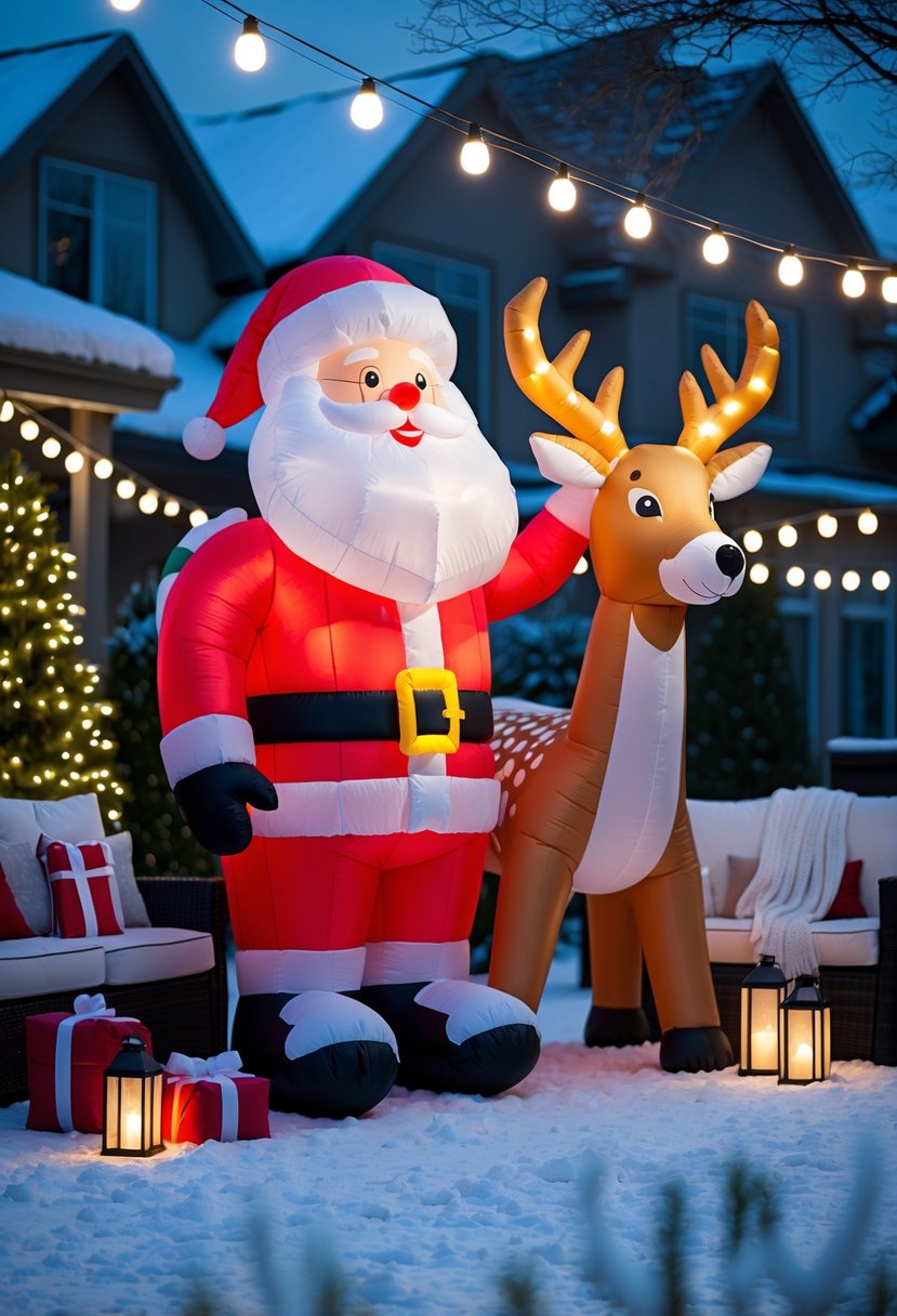A snowy backyard decorated with a giant inflatable Santa and reindeer, surrounded by string lights and outdoor furniture set up for a Christmas party.