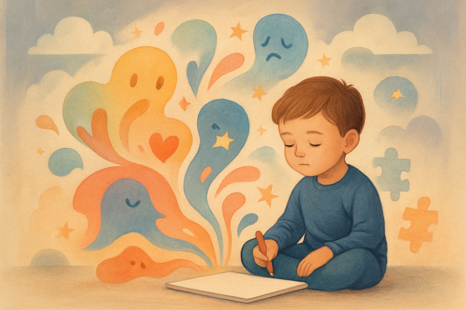 Bir çocuk, hayal gücünü ve duygularını simgeleyen renkli ve soyut şekillerin etrafında oturuyor.