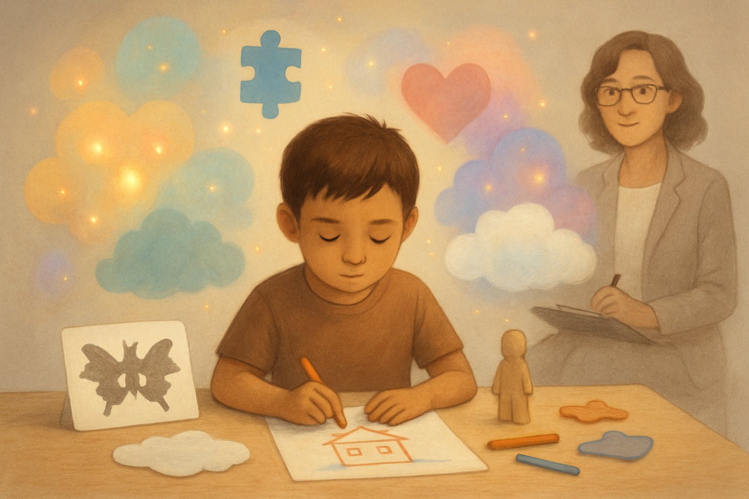 Bir çocuğun iç dünyasını anlamak için projektif testlerle etkileşimde bulunduğu, yanında bir uzmanın bulunduğu sakin ve destekleyici bir ortam.