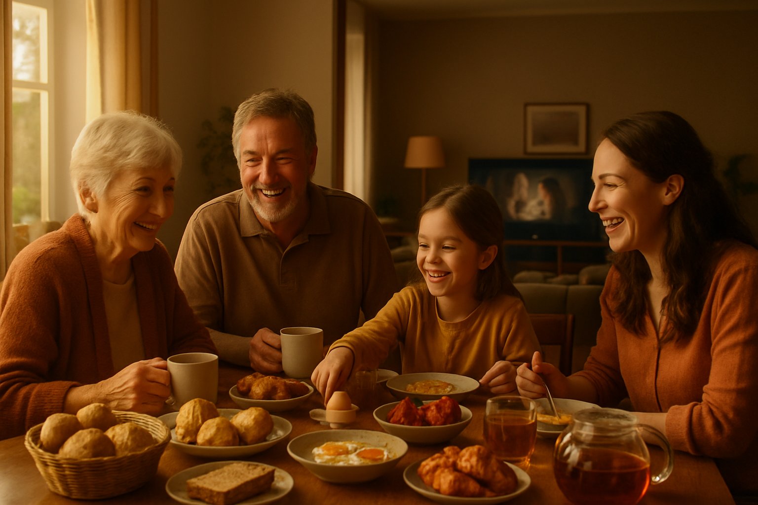 Bir aile, pazar kahvaltısı için masada toplanmış, arka planda film gecesi için hazırlanan oturma odası görünüyor.