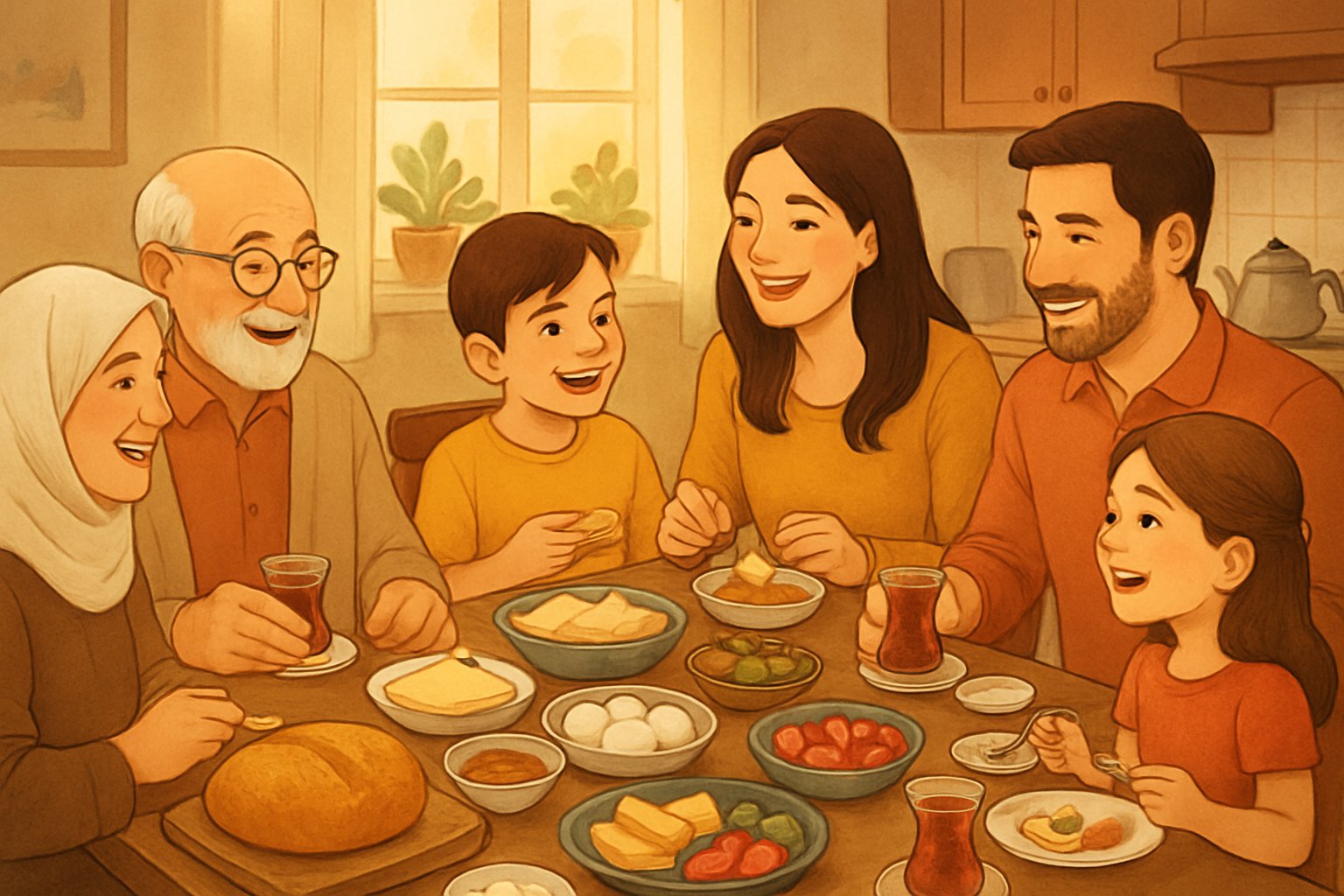 Bir aile, pazar kahvaltısı için büyük bir masanın etrafında oturuyor, çeşitli kahvaltılıklar ve çay ile dolu bir ortamda birlikte vakit geçiriyorlar.