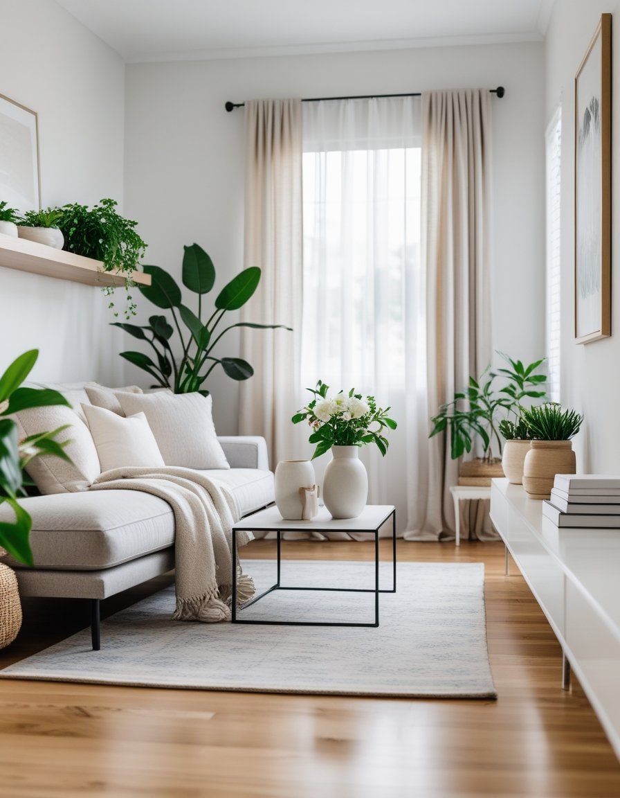 A bright living room with a sofa, cushions, houseplants, a coffee table with decorative items, and large windows letting in natural light.