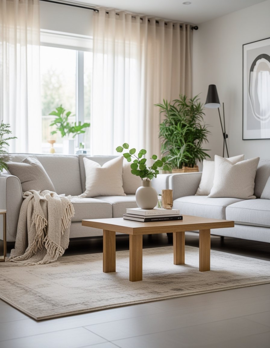 A bright living room with a gray sofa, wooden coffee table, indoor plants, and large windows letting in natural light.