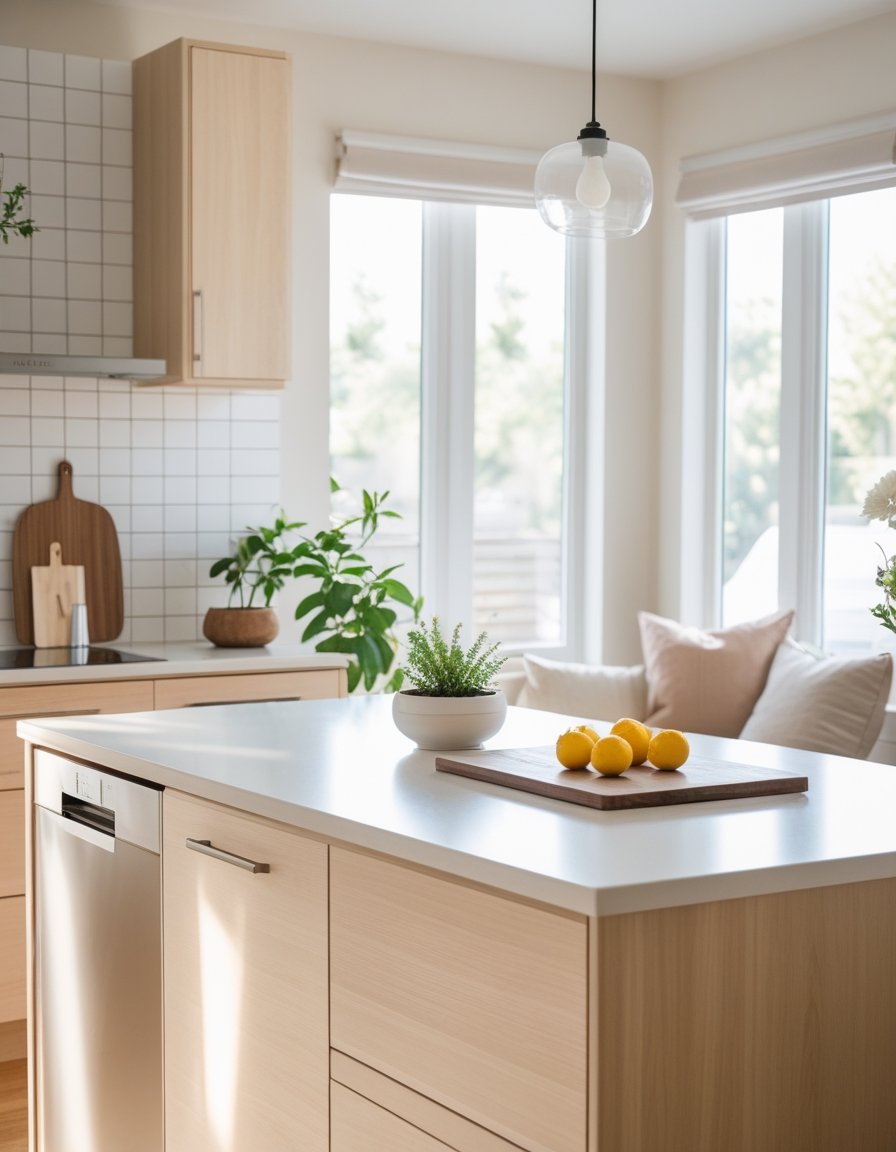 A bright modern kitchen with light wood cabinets, a clean countertop with a fruit bowl and plant, and a cozy breakfast nook with fresh flowers.