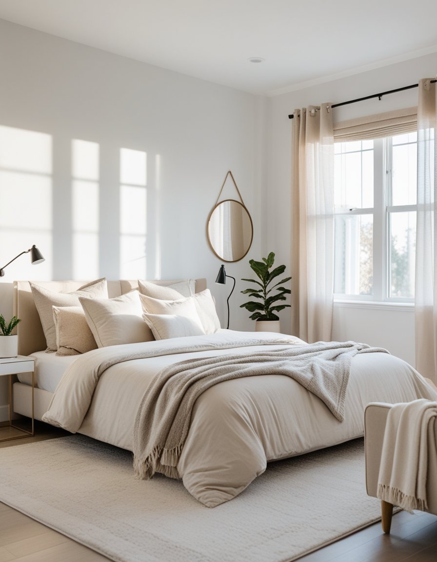 A bright bedroom with a neatly made bed, soft pillows, a bedside table with a plant and lamp, natural light from large windows, and simple wall decor.