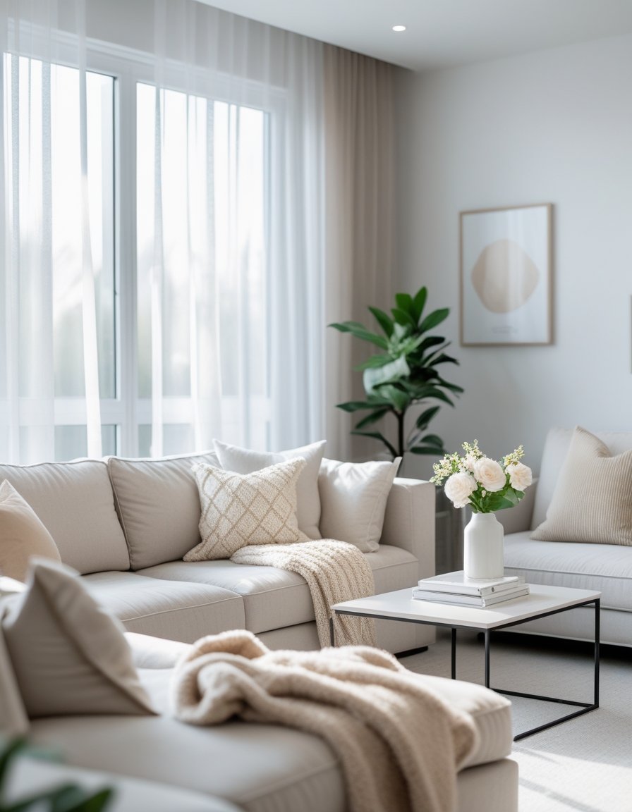 A cozy living room with a sofa, throw pillows, a blanket, a coffee table with flowers and books, natural light through windows, and a small indoor plant.