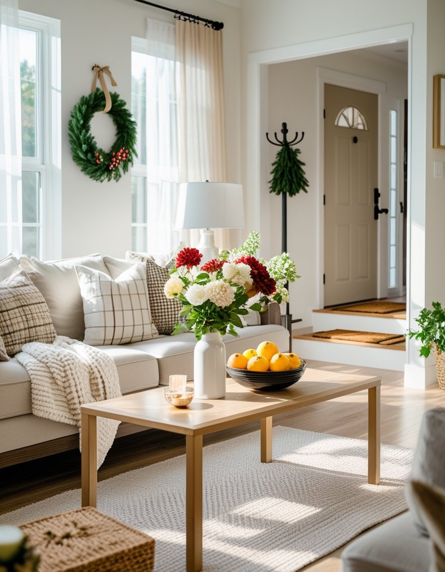A tidy living room with a sofa, throw blankets, pillows, a coffee table with flowers and fruit, and a welcoming entryway ready for guests.