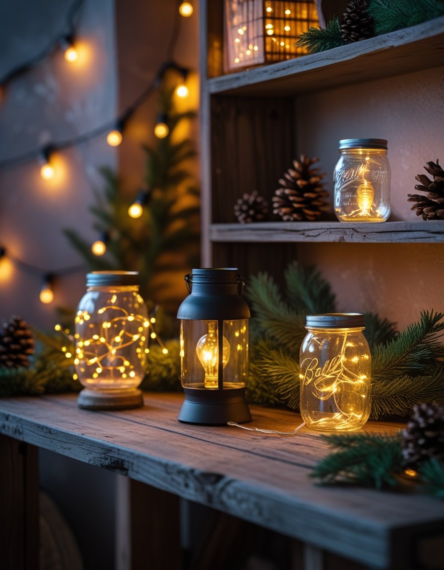 A cozy indoor scene with handmade lanterns, string lights, and mason jar lamps glowing warmly on a wooden table surrounded by winter decorations.