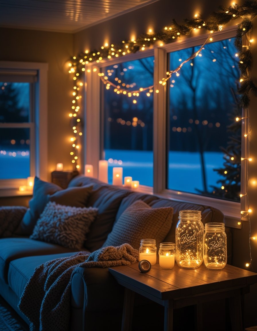 A cozy living room softly lit by string lights, mason jar lanterns, and candles on a winter evening with snow visible outside the window.
