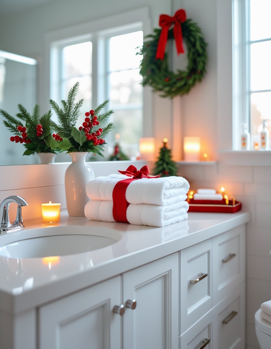 A clean and bright bathroom with white towels, holiday decorations, a small vase with greenery and red berries, and a lit candle on the countertop.