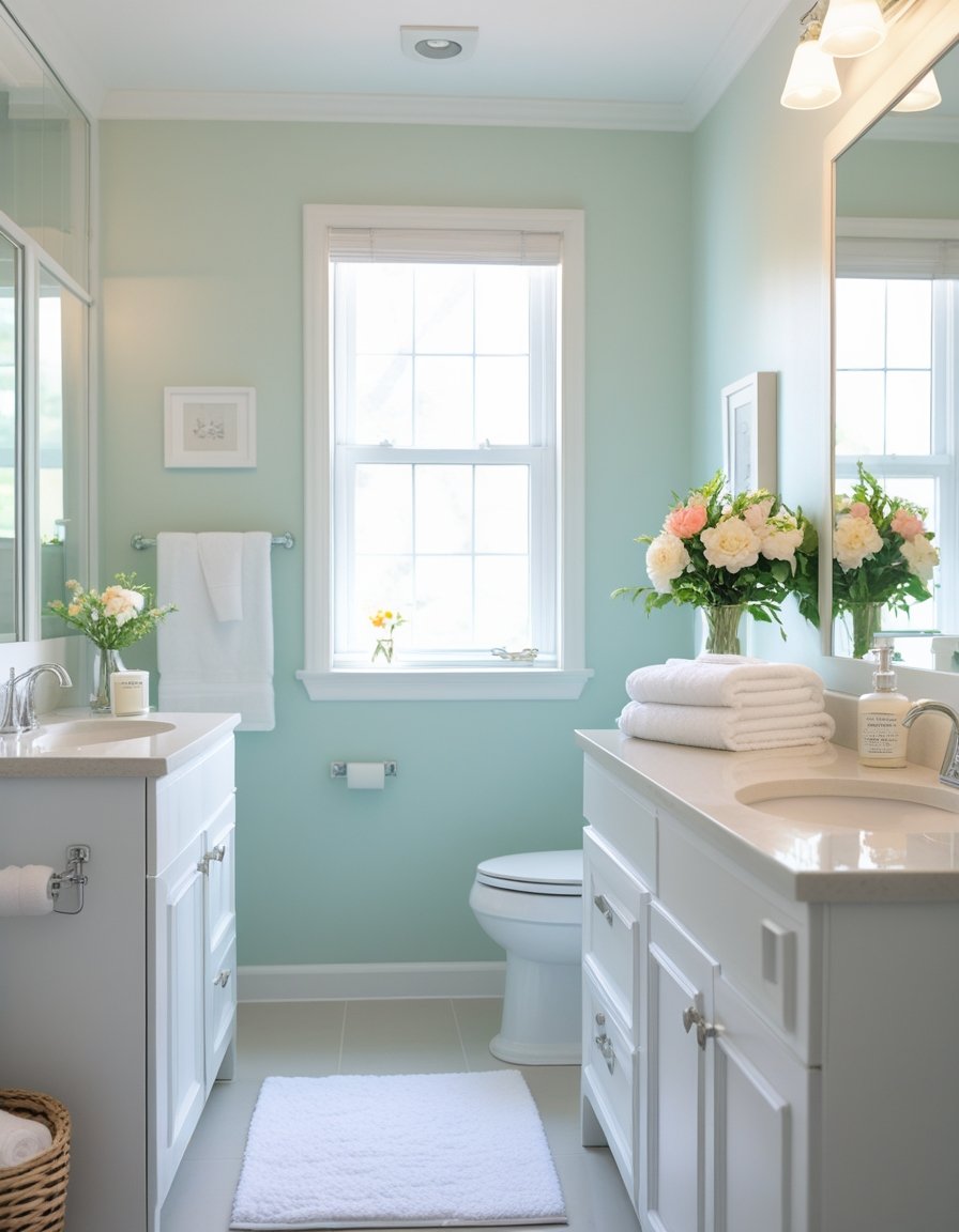 A clean and bright bathroom with a white vanity, fresh flowers, folded towels, and natural light from a window.