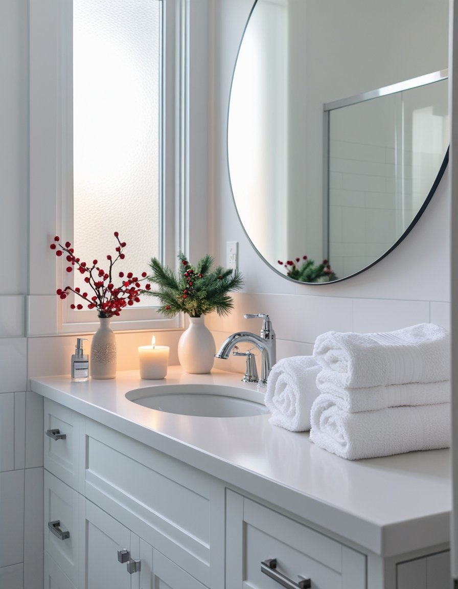 A clean and bright bathroom with a white vanity, round mirror, folded towels, holiday decorations, and a small plant.