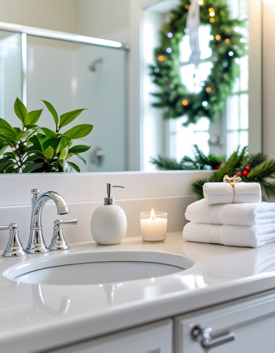 A clean and bright bathroom with a white sink, green plant, folded towels, and subtle holiday decorations.