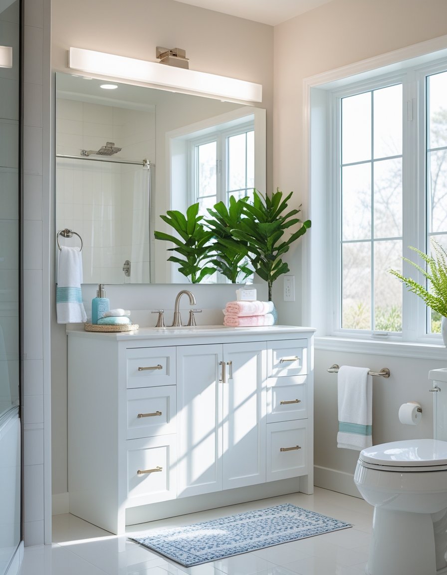 A clean and bright bathroom with a white vanity, new mirror, small plant, and neatly folded towels.