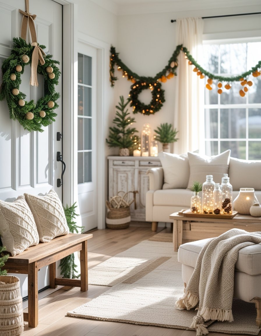 An entryway and living room decorated with handmade holiday decorations including a wreath, garlands, cushions, and fairy lights, creating a warm and inviting home atmosphere.
