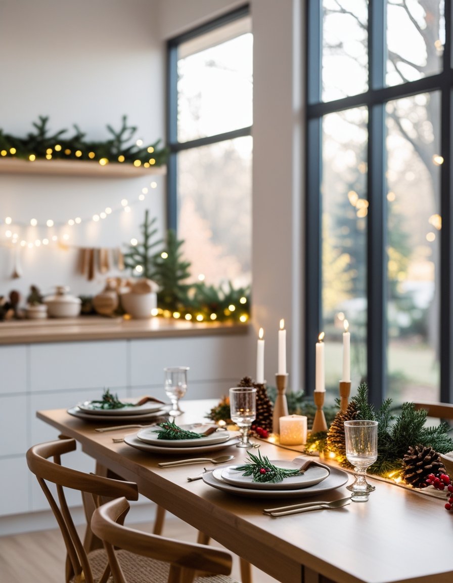 A modern kitchen and dining area decorated with festive holiday greenery, candles, and elegant table settings.