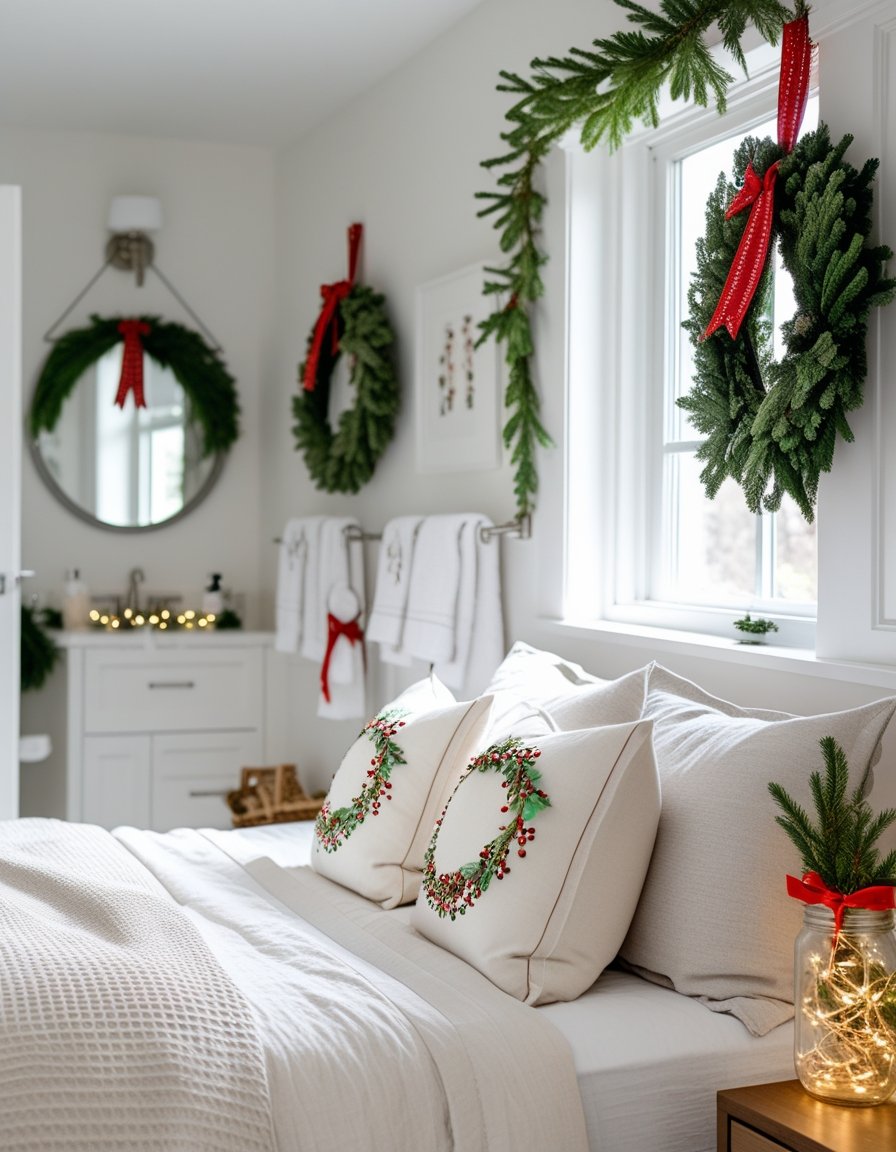 A bedroom and bathroom decorated with subtle holiday-themed handmade decorations including throw pillows, a wreath, fairy lights, and garlands.