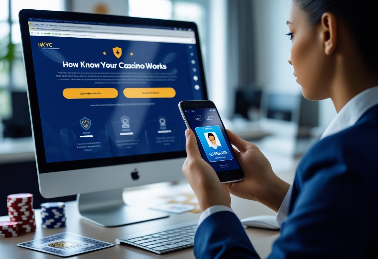 Person using a smartphone to verify identity on a computer screen showing an online casino website