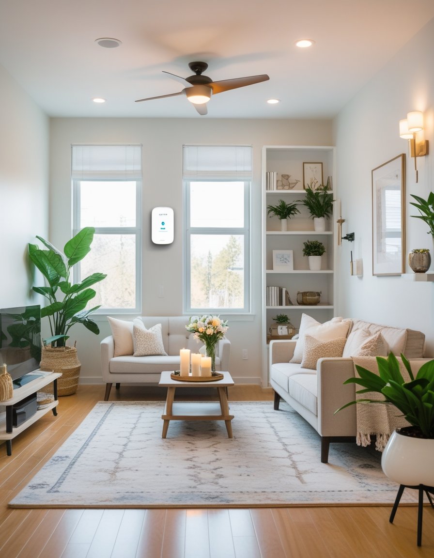 A bright modern living room with plants, updated lighting, new decor, and fresh accents creating a welcoming and renewed space.