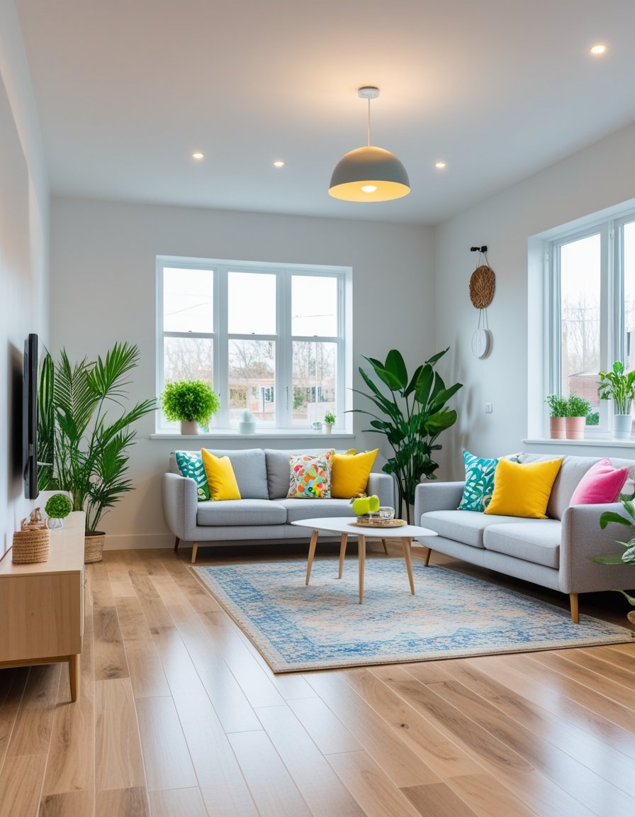 A bright living room with new hardwood floors, light-colored walls, modern furniture, indoor plants, and natural sunlight coming through large windows.