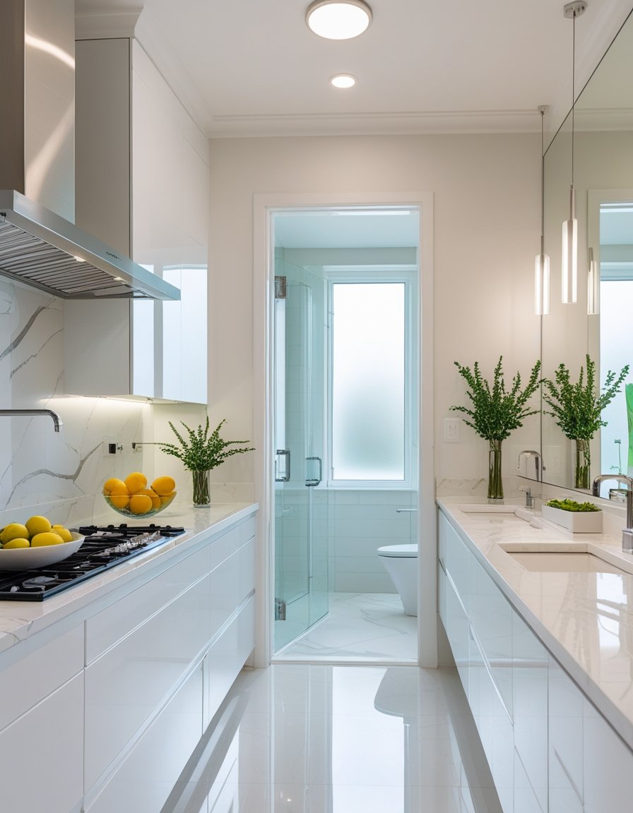 A modern kitchen and bathroom with white cabinets, marble countertops, stainless steel appliances, and natural light creating a fresh and inviting atmosphere.