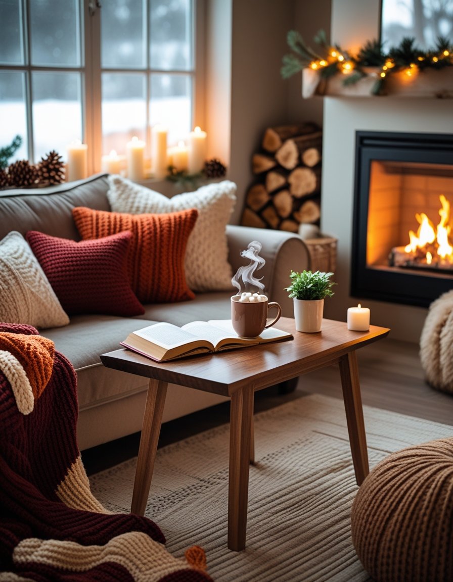 A cozy living room with a glowing fireplace, soft blankets on a sofa, a coffee table with hot cocoa and a book, and a snowy view through the window.