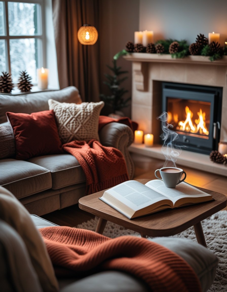 A cozy living room with a lit fireplace, a sofa with blankets and cushions, a coffee table with a hot drink and an open book, and soft natural light coming through frosted windows.